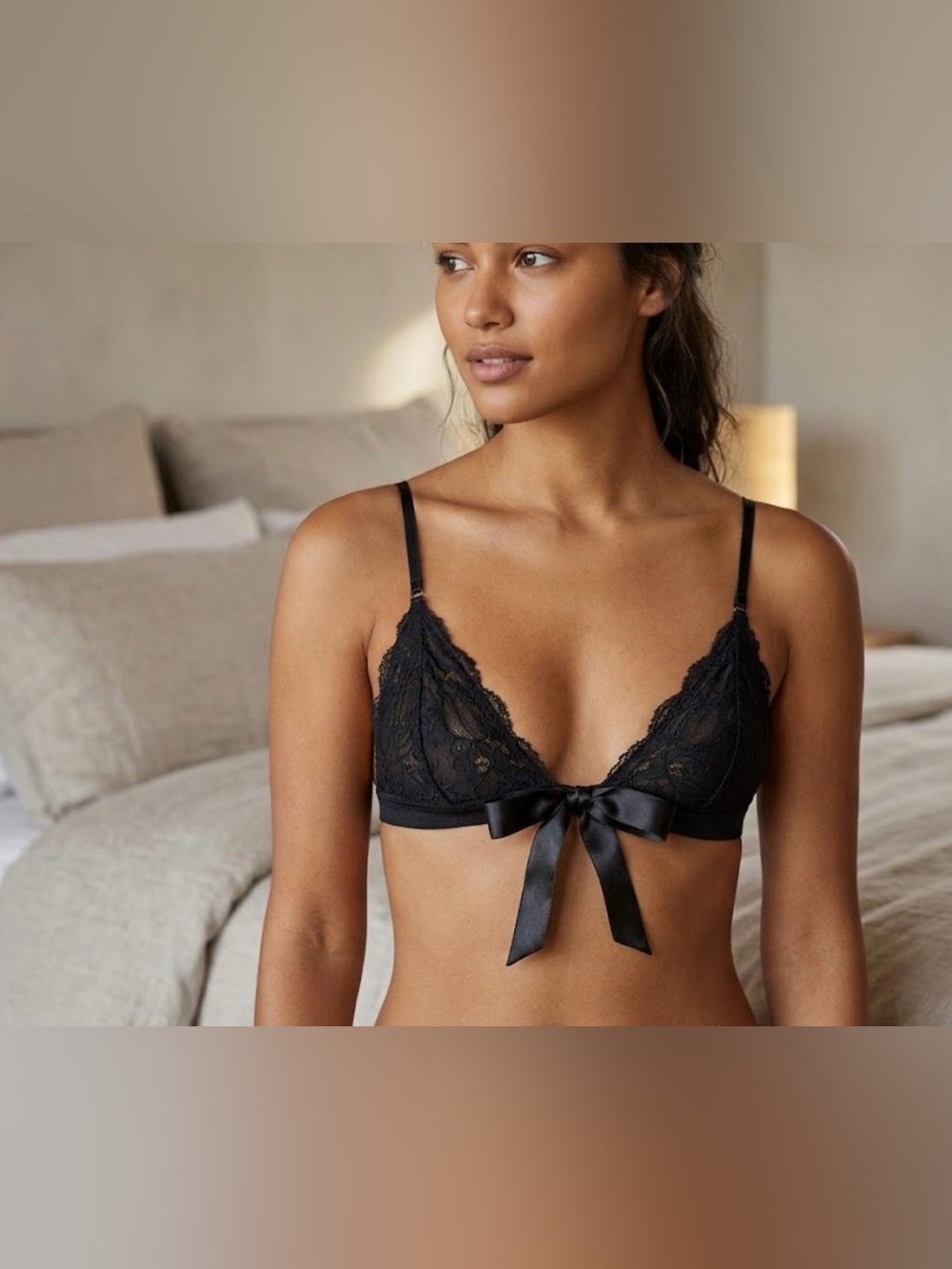 Urban Outfitters Black Lace Triangle Bralette with Satin Bow size S